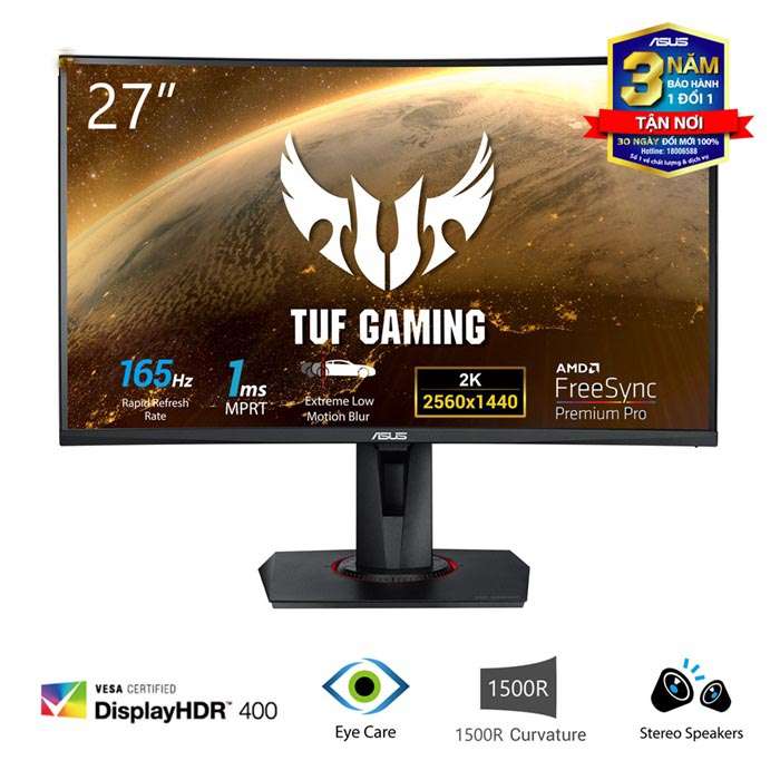 Màn Hình Game Cong ASUS TUF Gaming VG27WQ 27 inch 2K HDR400 165Hz 1ms MPRT G-SYNC Compatible 2 Loa FreeSync